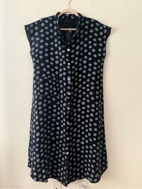 Fenini M Polka Dot Button-Front Shirt Dress Cap Sleeve- Navy & White 100% Linen